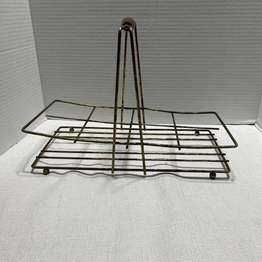Vintage MCM Gold Tone Wire/8 Glass Caddy Wood Handle Barware Carrier
